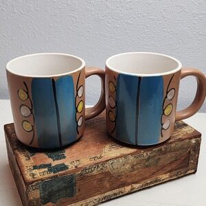 Pair of Abstract Painted Mugs, Yellow, Blue, Pastel Pink, Peachy Brown,‎ & Black